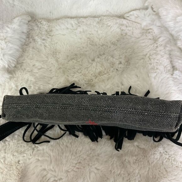 Ed Hardy Vintage Black Cow Leather Canvas Fringe Studded Clutch Wristlet - Picture 15 of 17